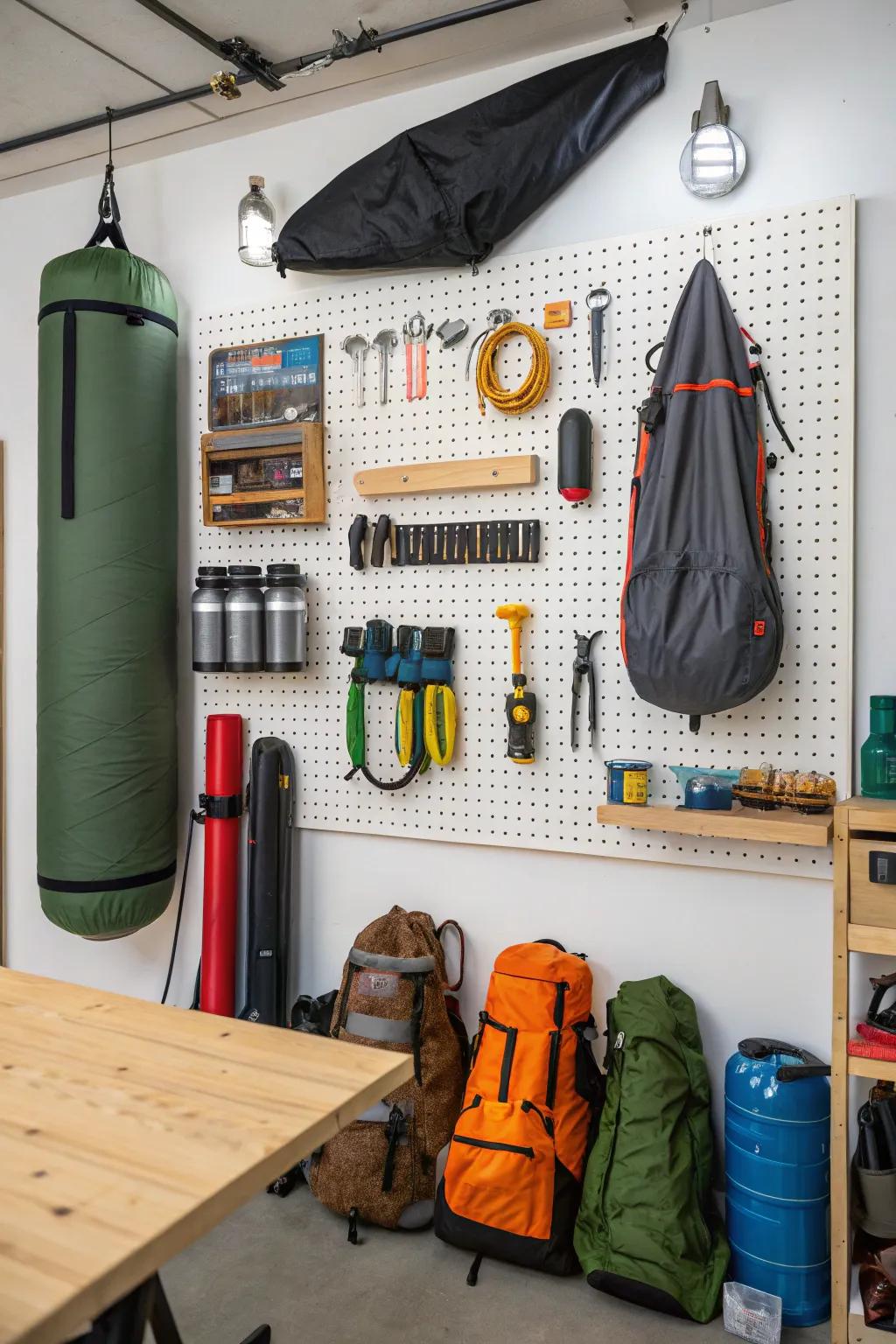 Pegboards offer a creative method to organize and display camping implements.