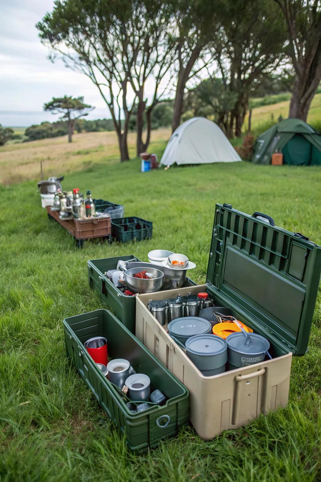 For your camp cooking area, here are some effective storage options.