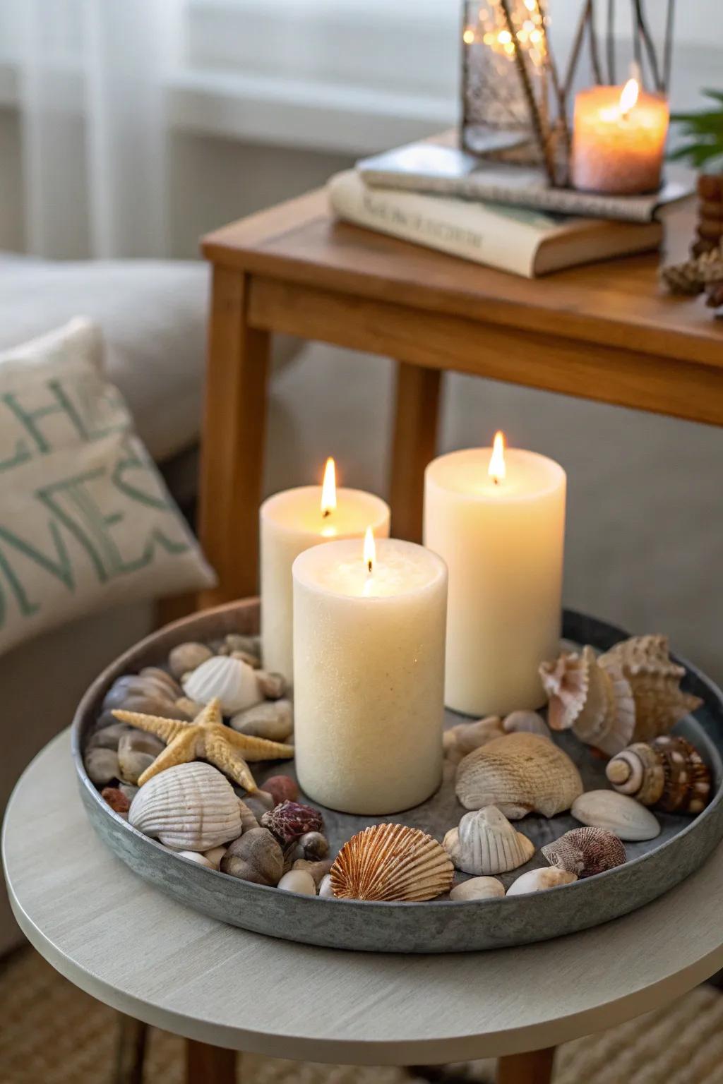 Seashells and candles come together to produce a calming beach-side environment.