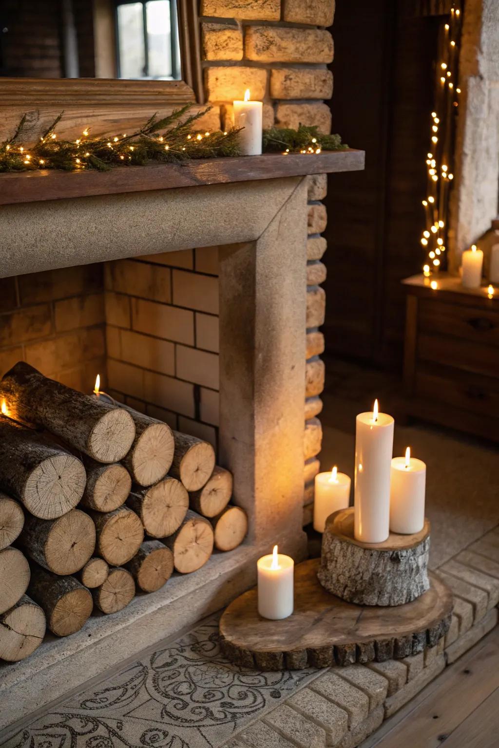 Wood detailing beside candles grants a naturally affectionate charm.