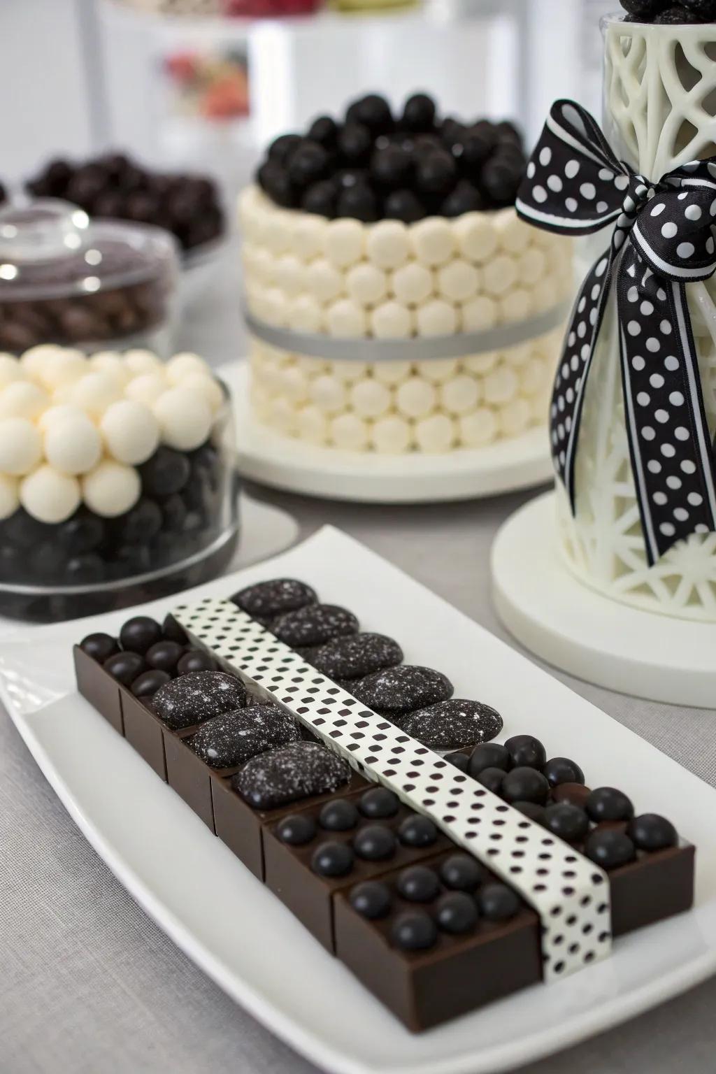 A monochrome sweets display that radiates sophistication and style.