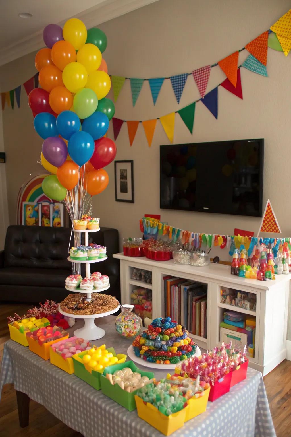 A candy display with charming themed decorations.