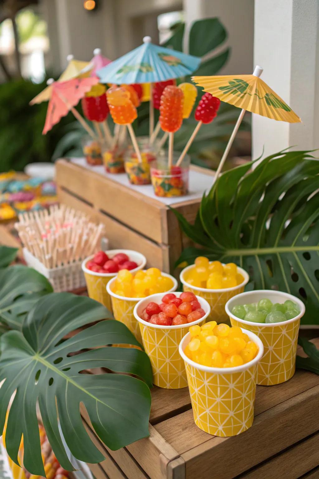 Tropical paradise dessert table featuring vibrant colors and exotic flavors.