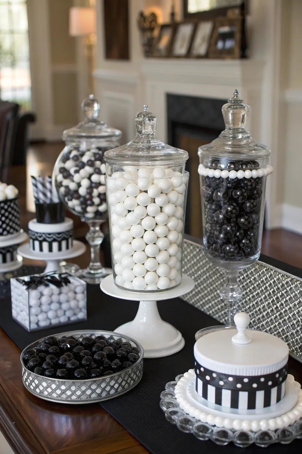 Sophisticated noir et blanc confectionery arrangement.