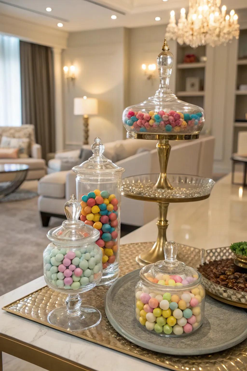 Elegant glass containers and stands that emphasize the candy display