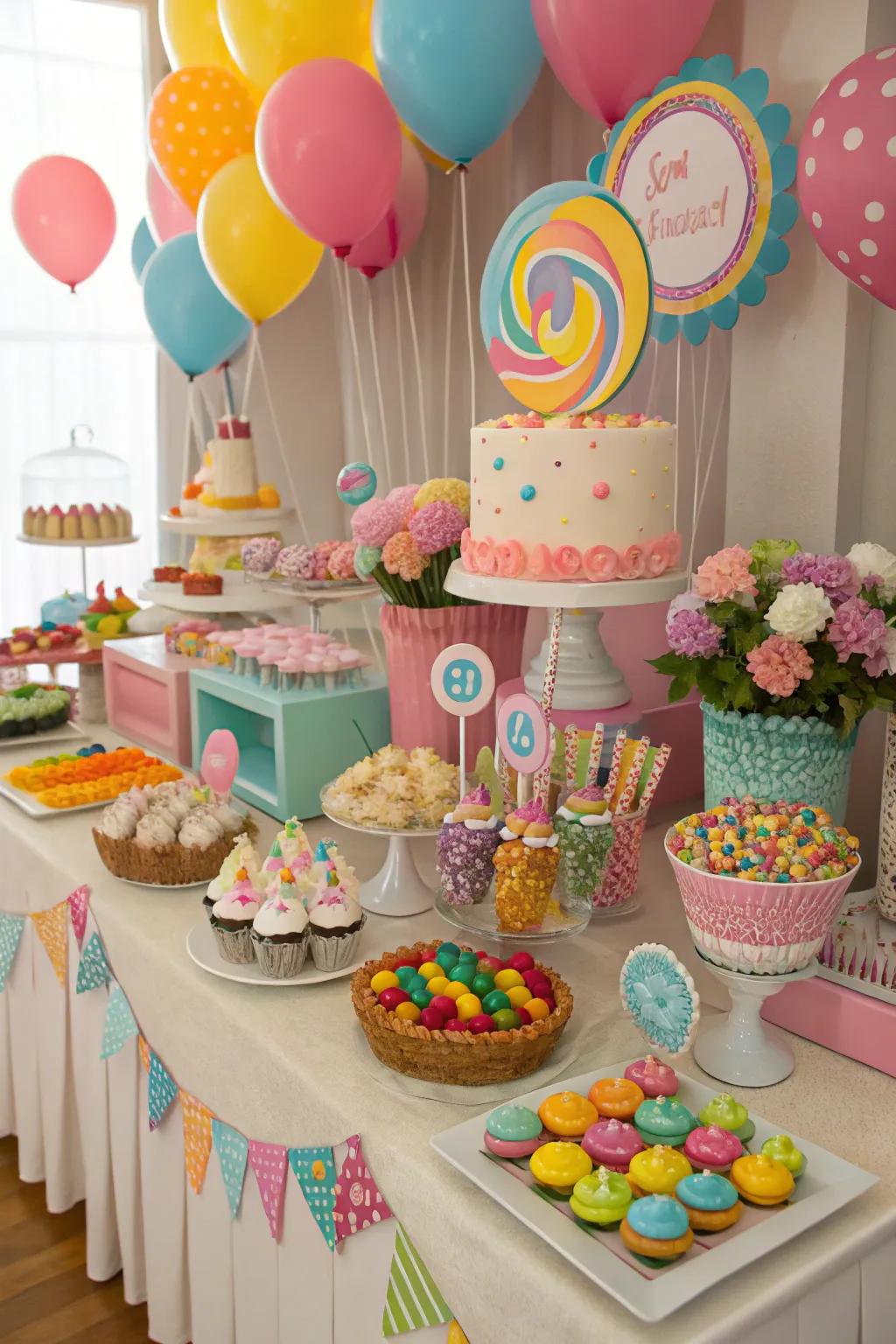 A dessert table brimming with sweet treats in sweetscape style.