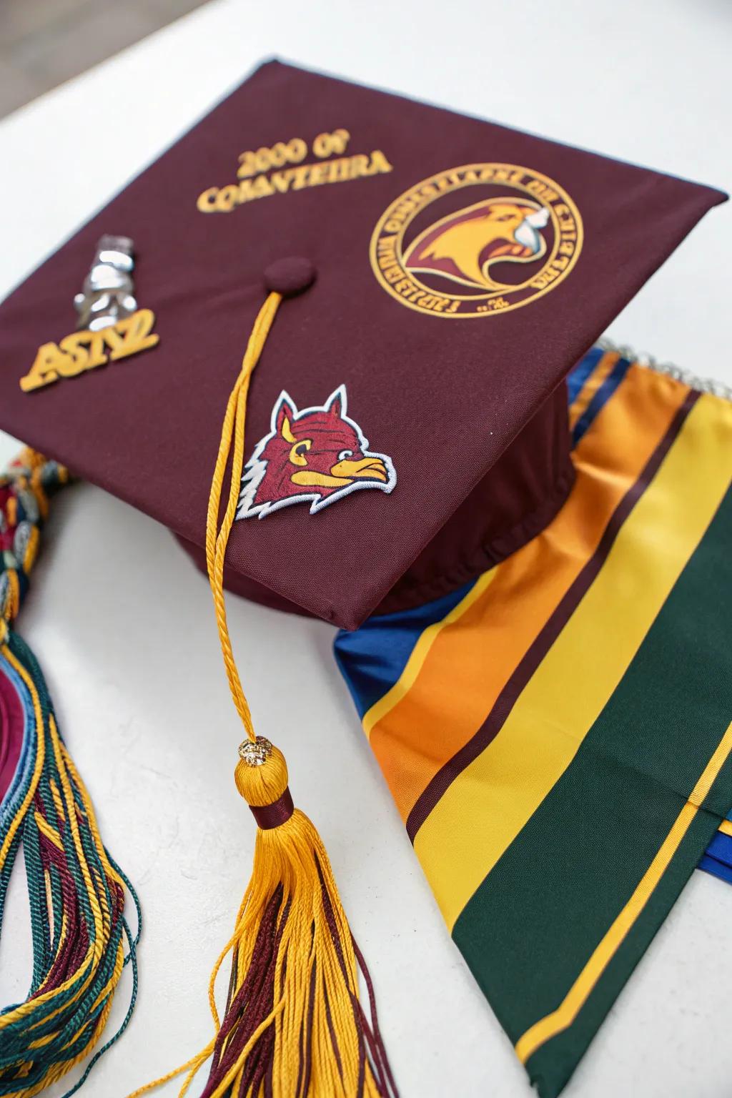 A graduation cap showcasing school colors and spirit with pride.