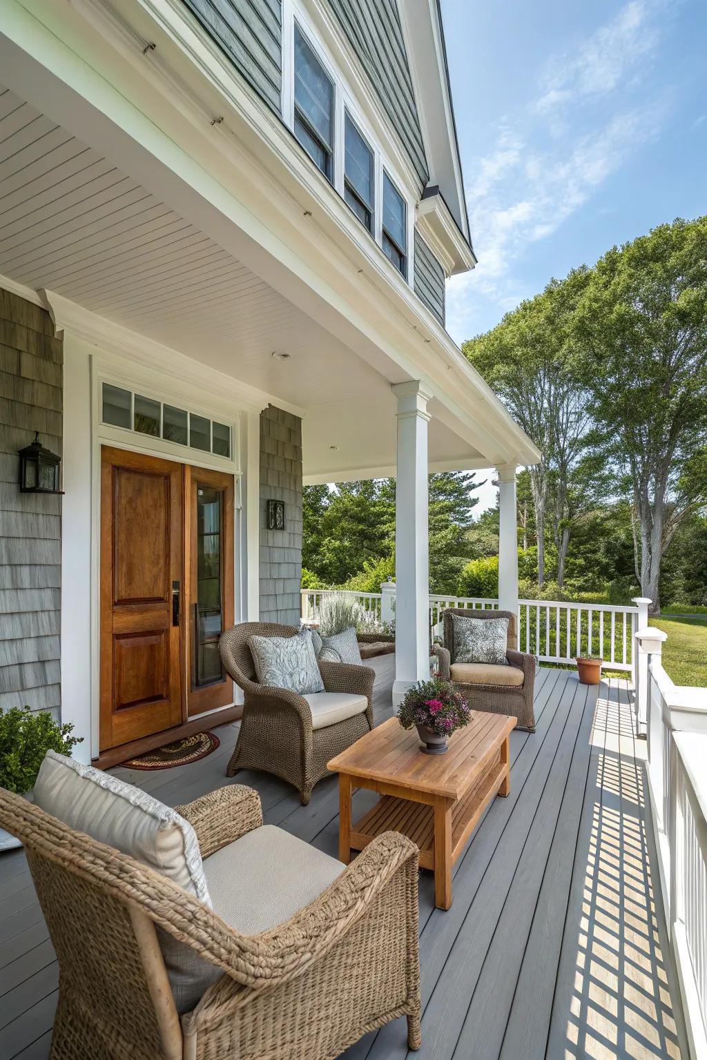Wraparound porch featuring attractive seating arrangements