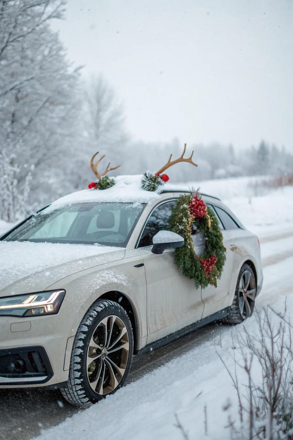 A car decorated with cheerful holiday decorations, spreading joy along the road.