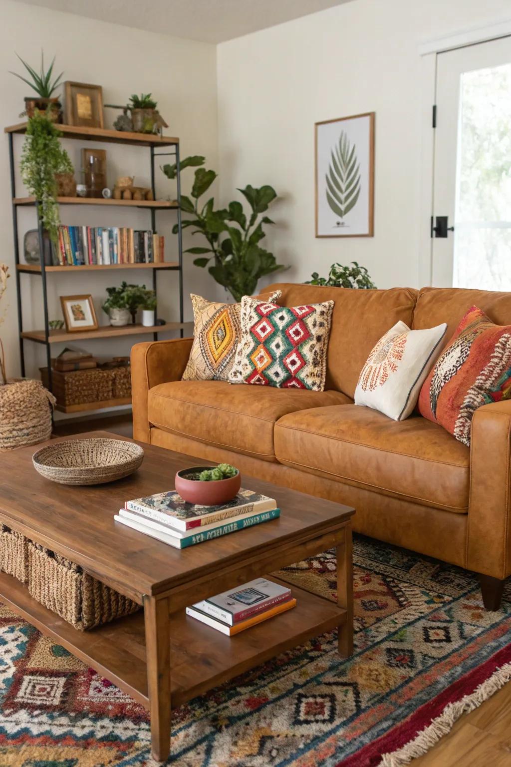 Fusing decor styles infuses individuality into a tawny sofa room.