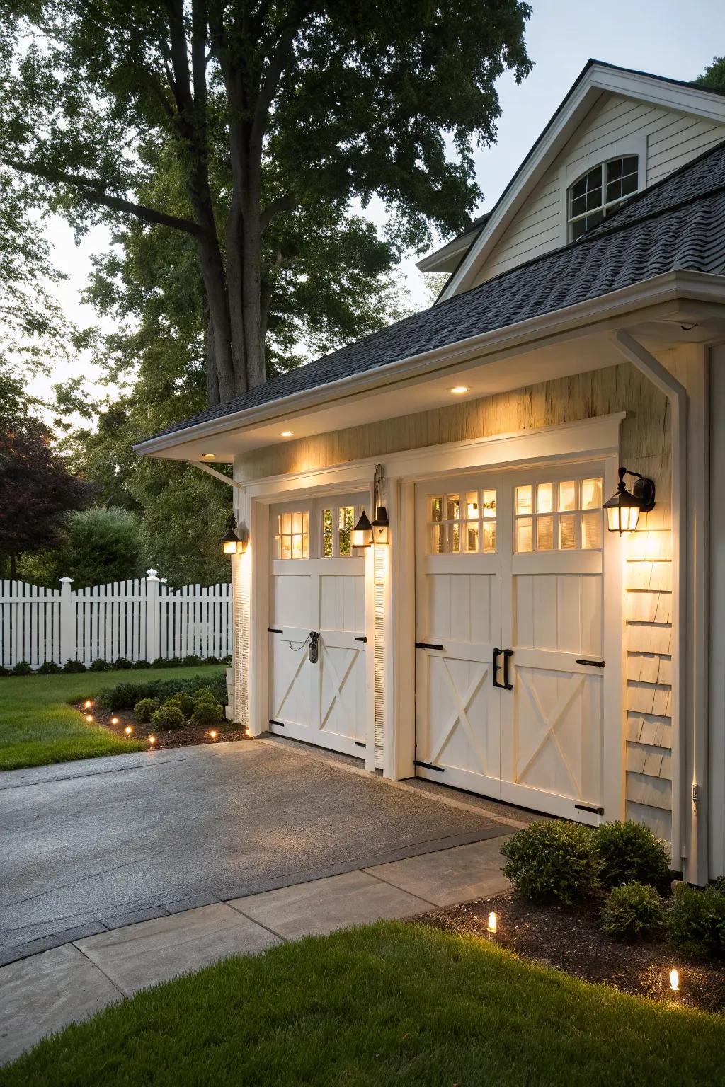 A traditional carport design with classy double doors that accentuate a classic house setting.