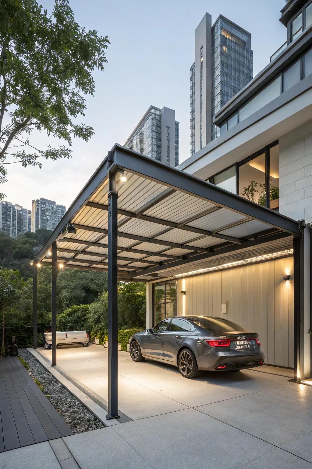 An industrial chic carport featuring metal beams.