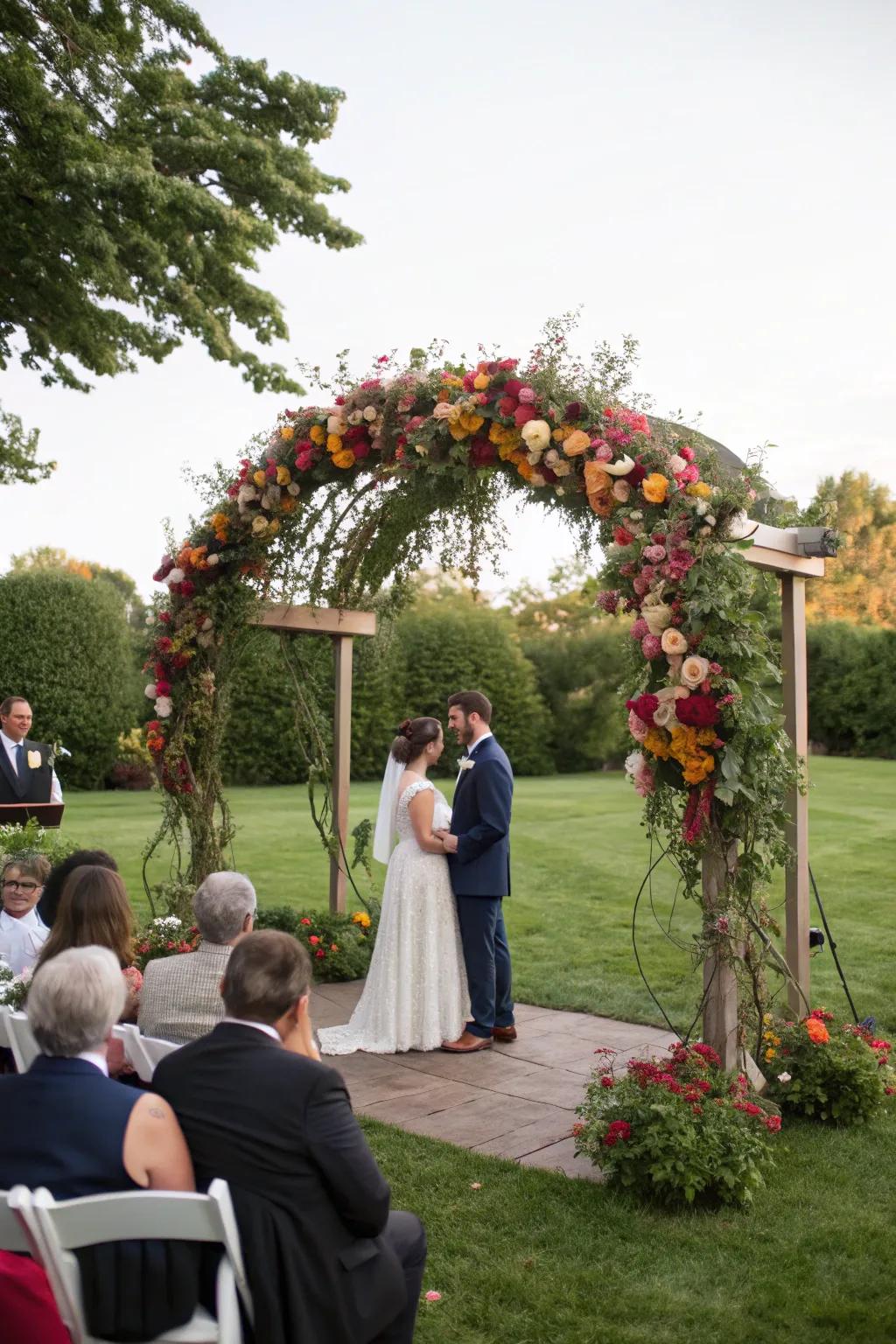 A striking flower-covered frame serves as the ceremony's core element.