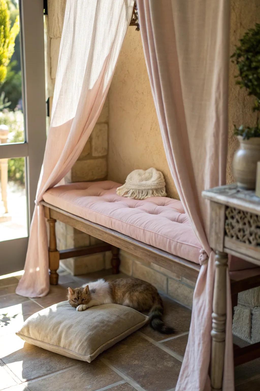 An inviting hideaway beneath a bench, impeccably suited for a cat’s private escape.