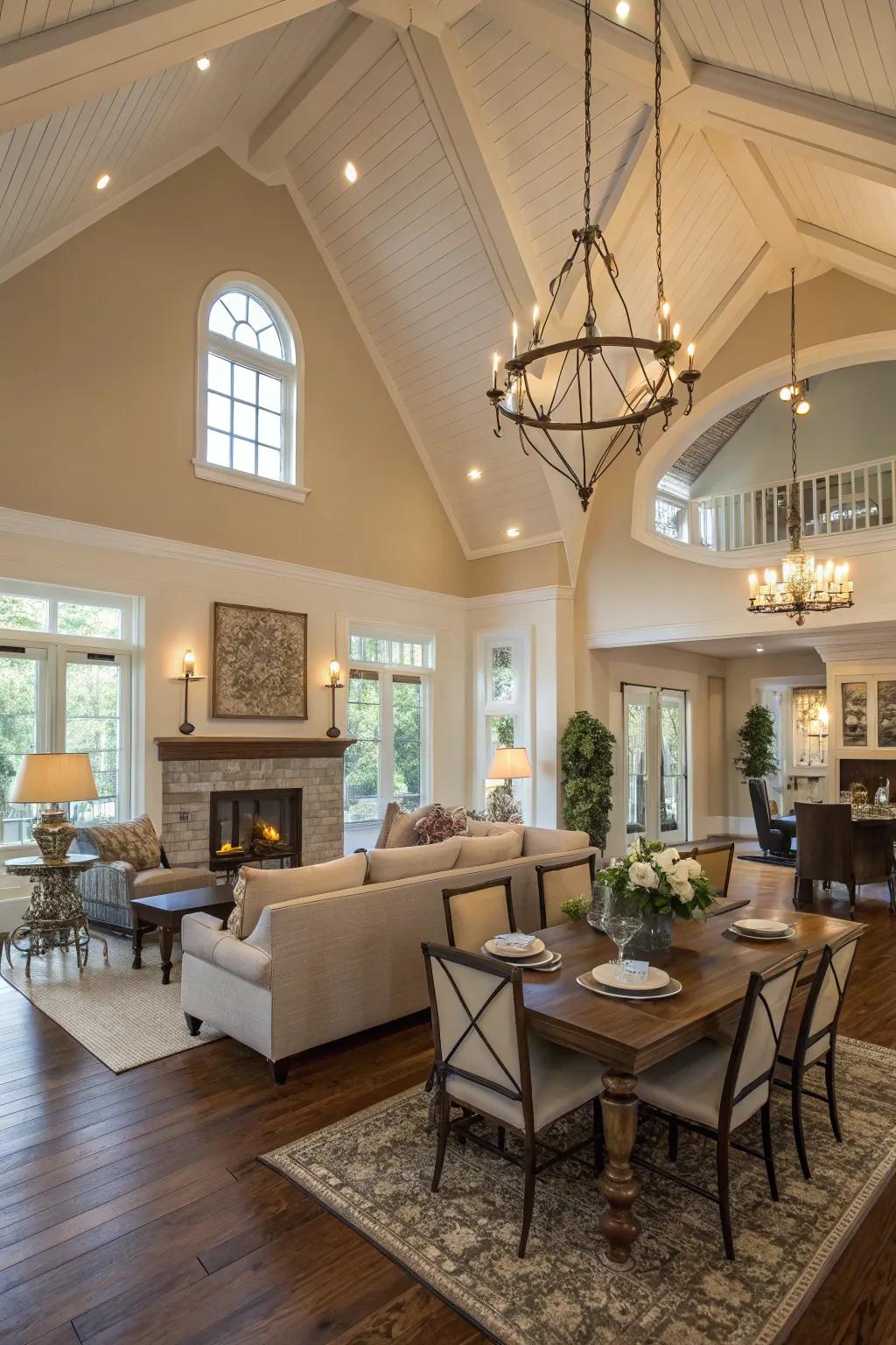 Open layouts improve the spaciousness of a soaring ceiling.
