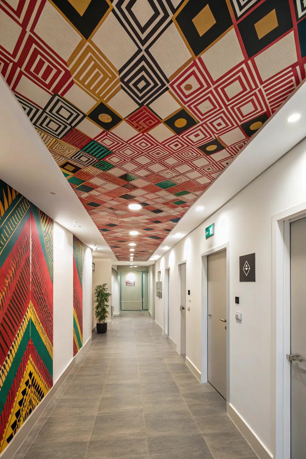 Striking wallcovering can turn your ceiling into a captivating element.