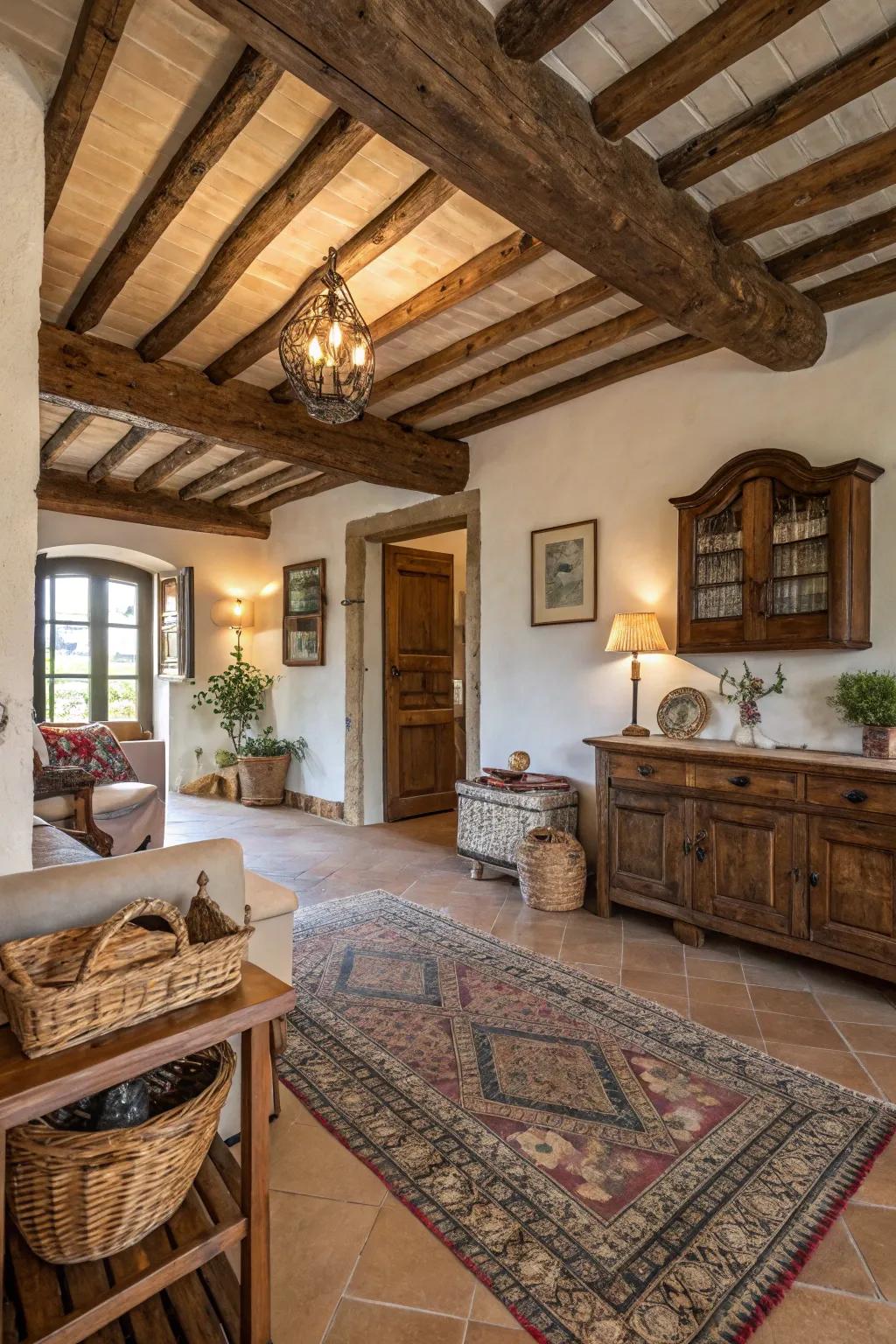 Ceiling supports introduce timeless farmhouse appeal.