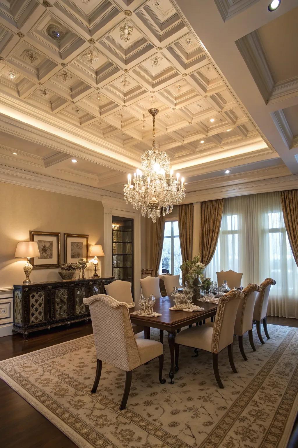 A poised dining room enhanced by a striking Boxed Beam ceiling.