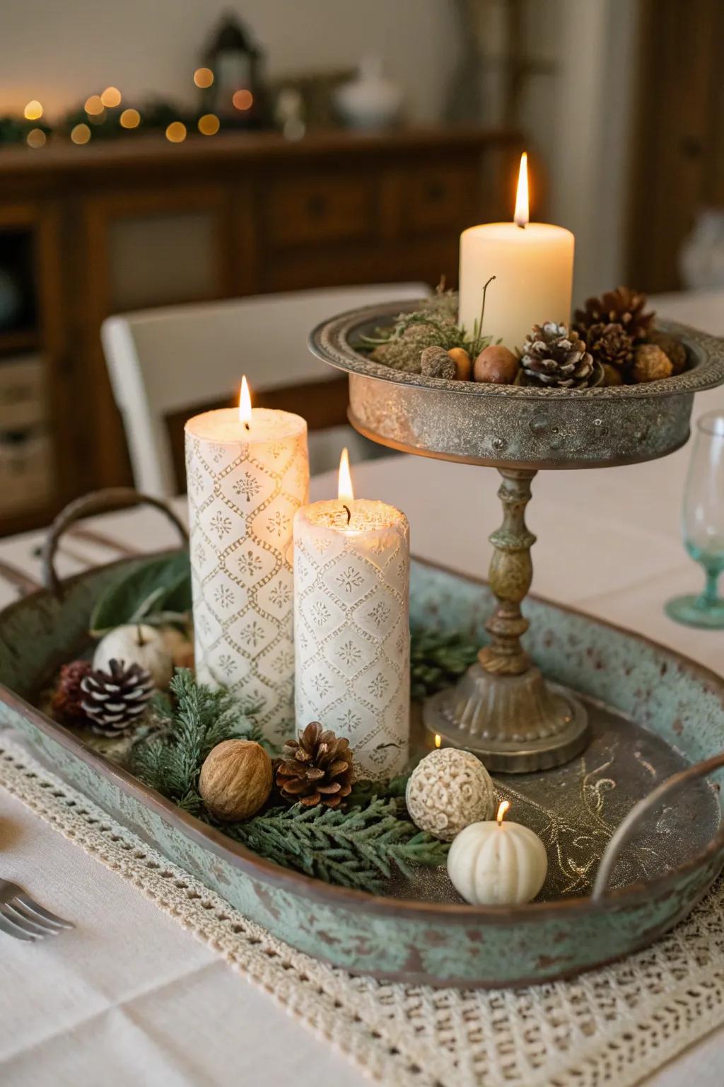 Antique charm with a serving platter centerpiece base.