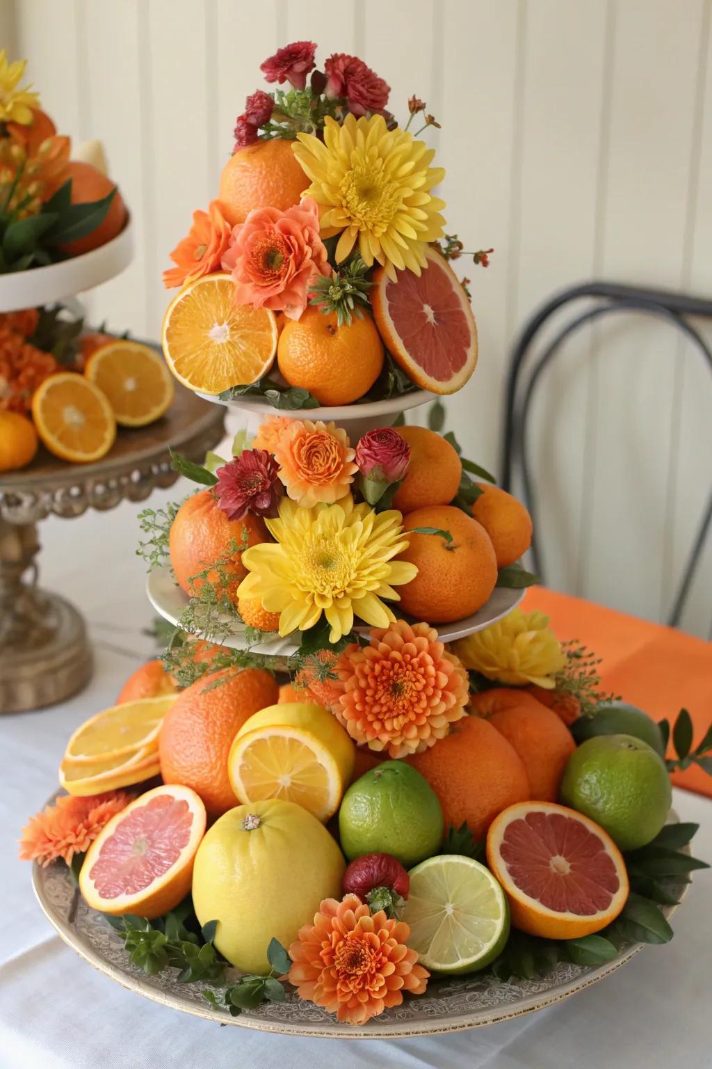 Festive seasonal fruit presentation centerpiece featuring citrus fruits.
