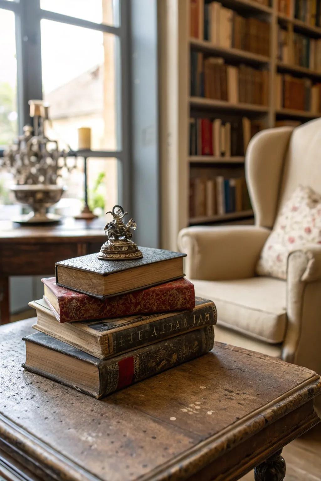 Timeless books inject character and height into your table arrangement.
