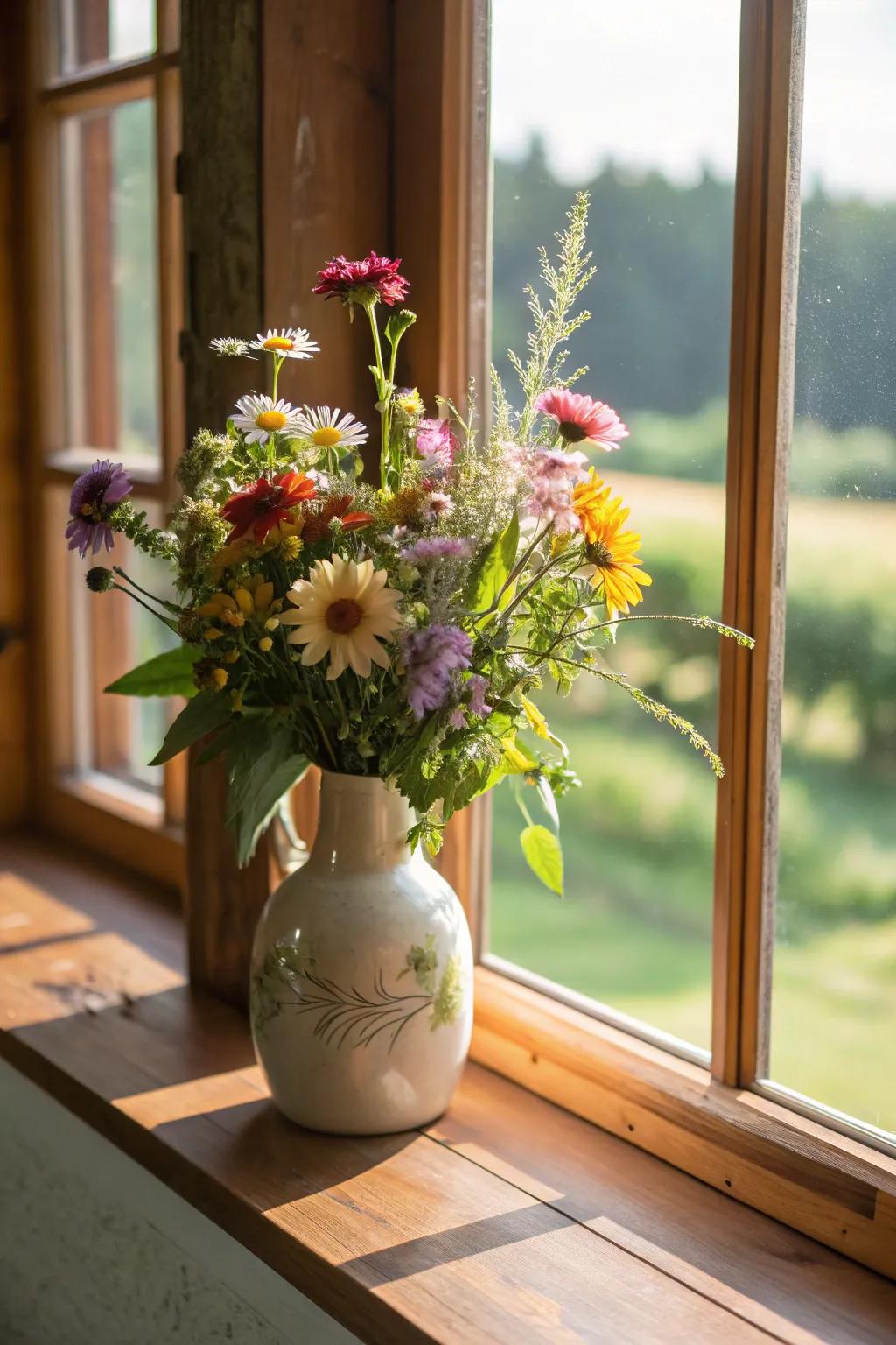 A ceramic vase overflowing with freshly picked wildflowers introduces a hint of outdoor nature inside.