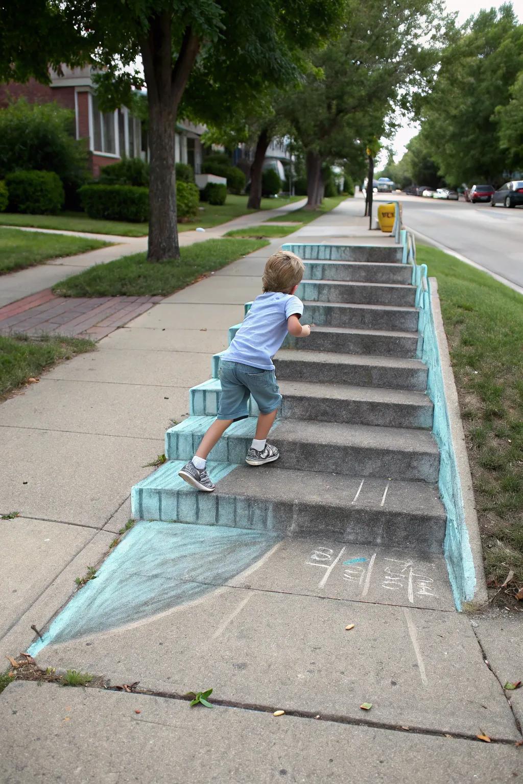A child interacts with a three-dimensional dust stick drawing, climbing imaginary stairs.