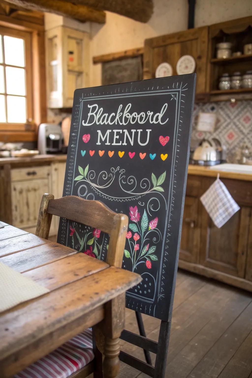 A chalkboard menu incorporating splashes of color to highlight special items, adding vibrancy to a cozy kitchen.