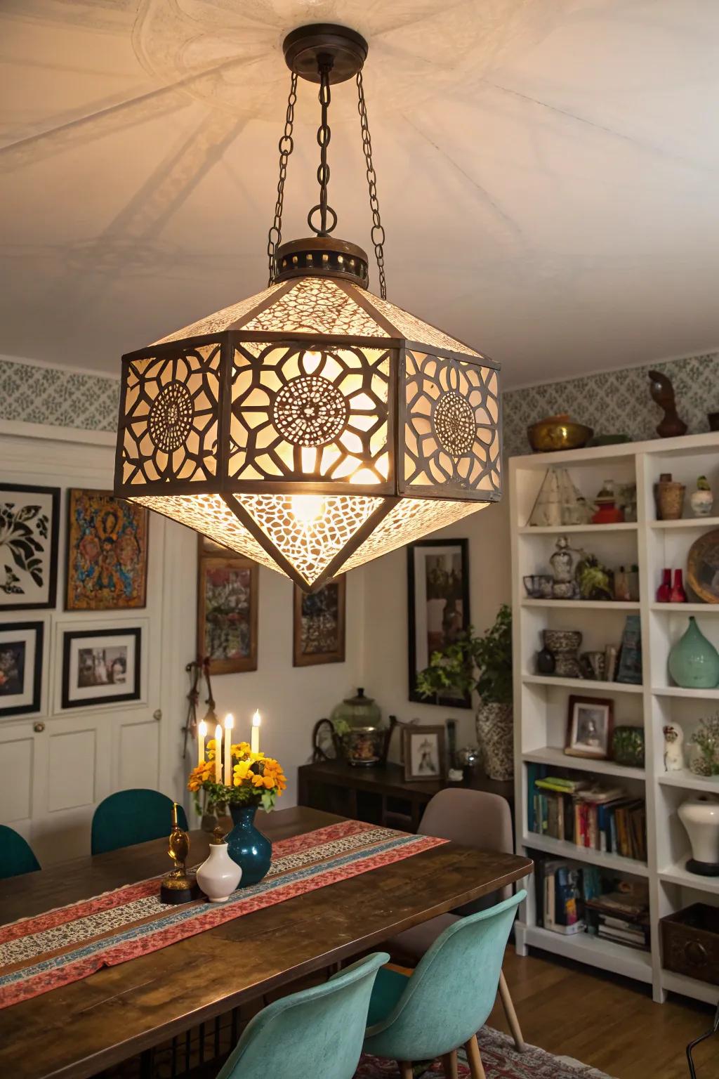 A geometric chandelier adds an artistic touch to a dining space.