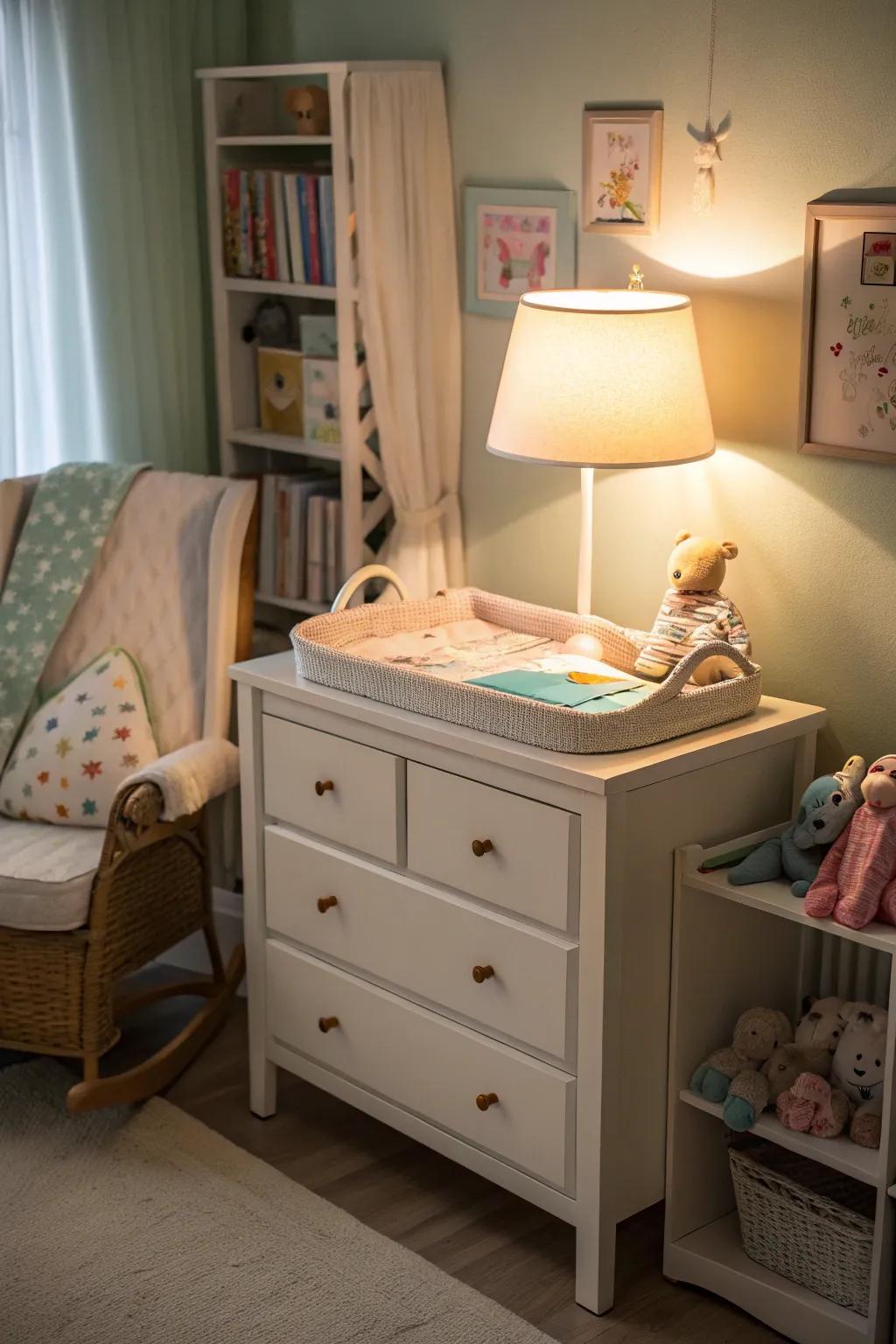 Gentle lighting cultivates a calming mood for late-night changes.