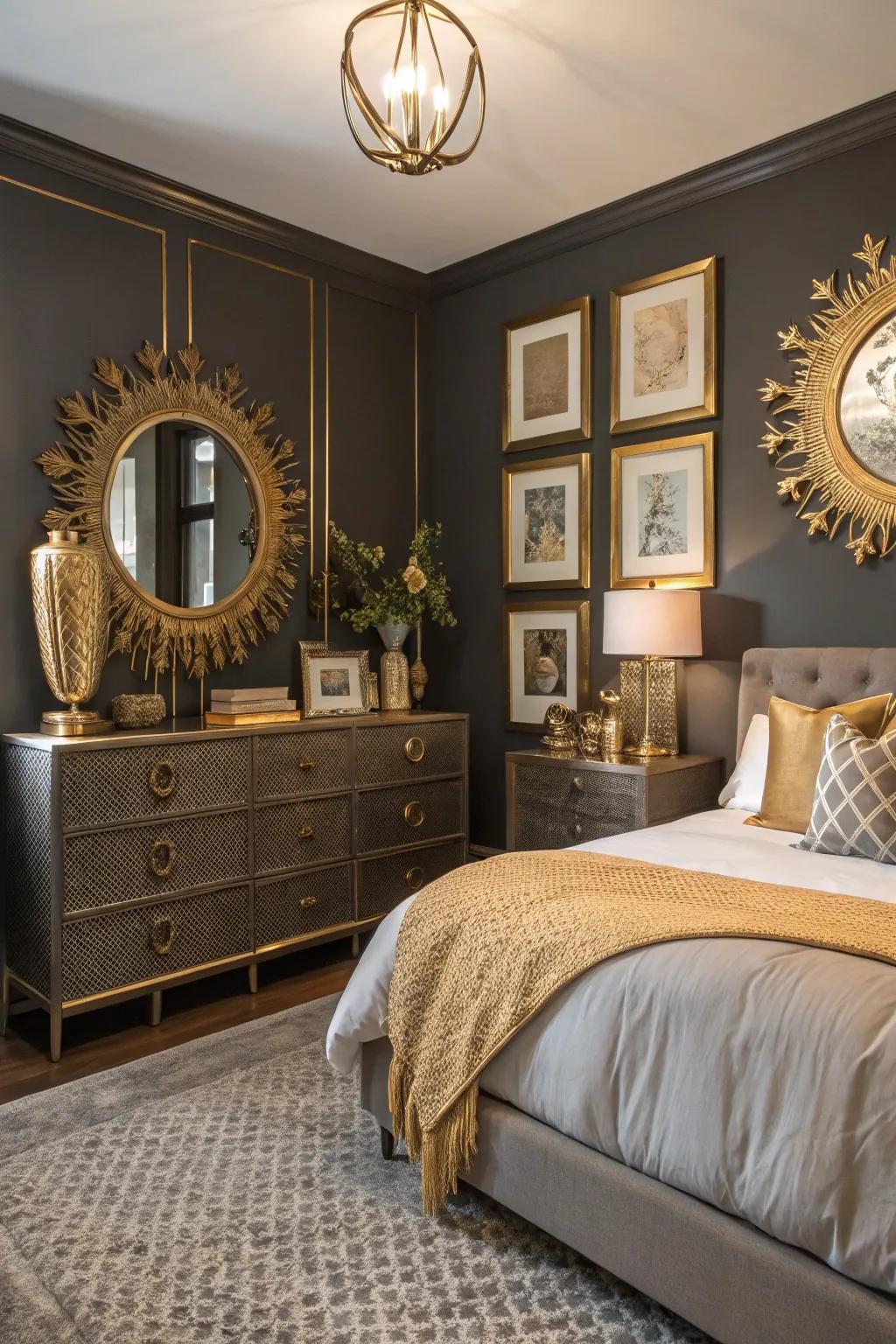 Incorporate a hint of luxury using gold details against deep gray.