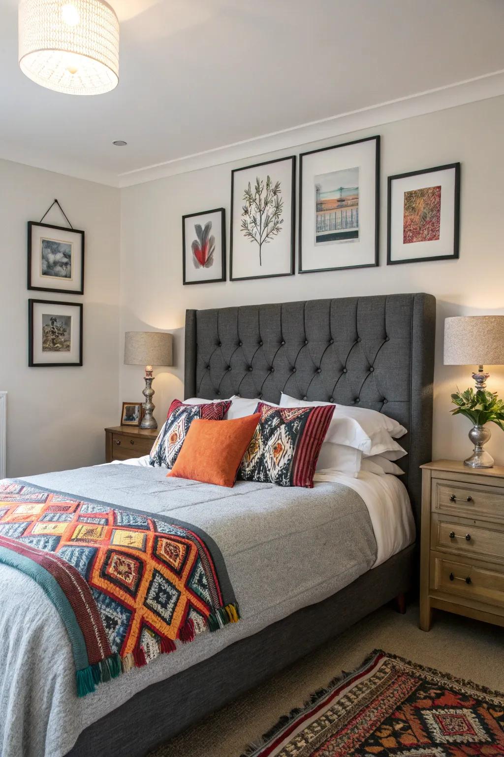 A vibrant splash of hue breathes vibrancy within an unbiased grey headboard setting.