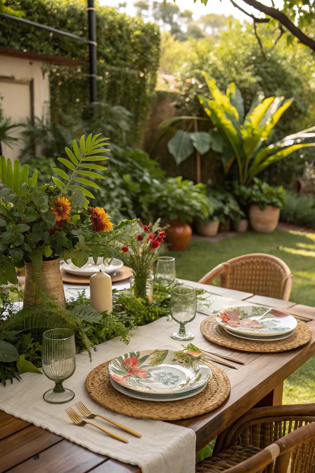 Nature-inspired charger plates produce an invigorating, alfresco table environment.