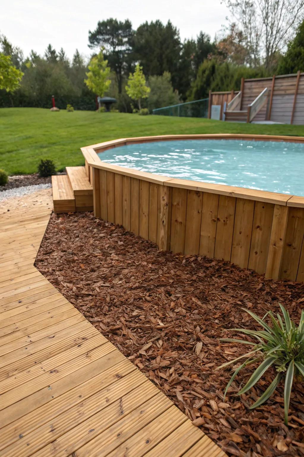Tree bark ground cover lends a tidy and rustic feel to your poolside.