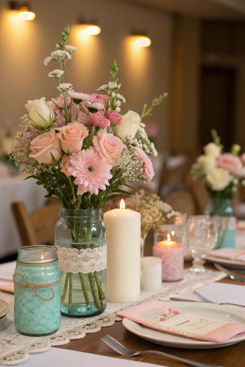 Utilize multi-use glass containers for an appealing and economical element.