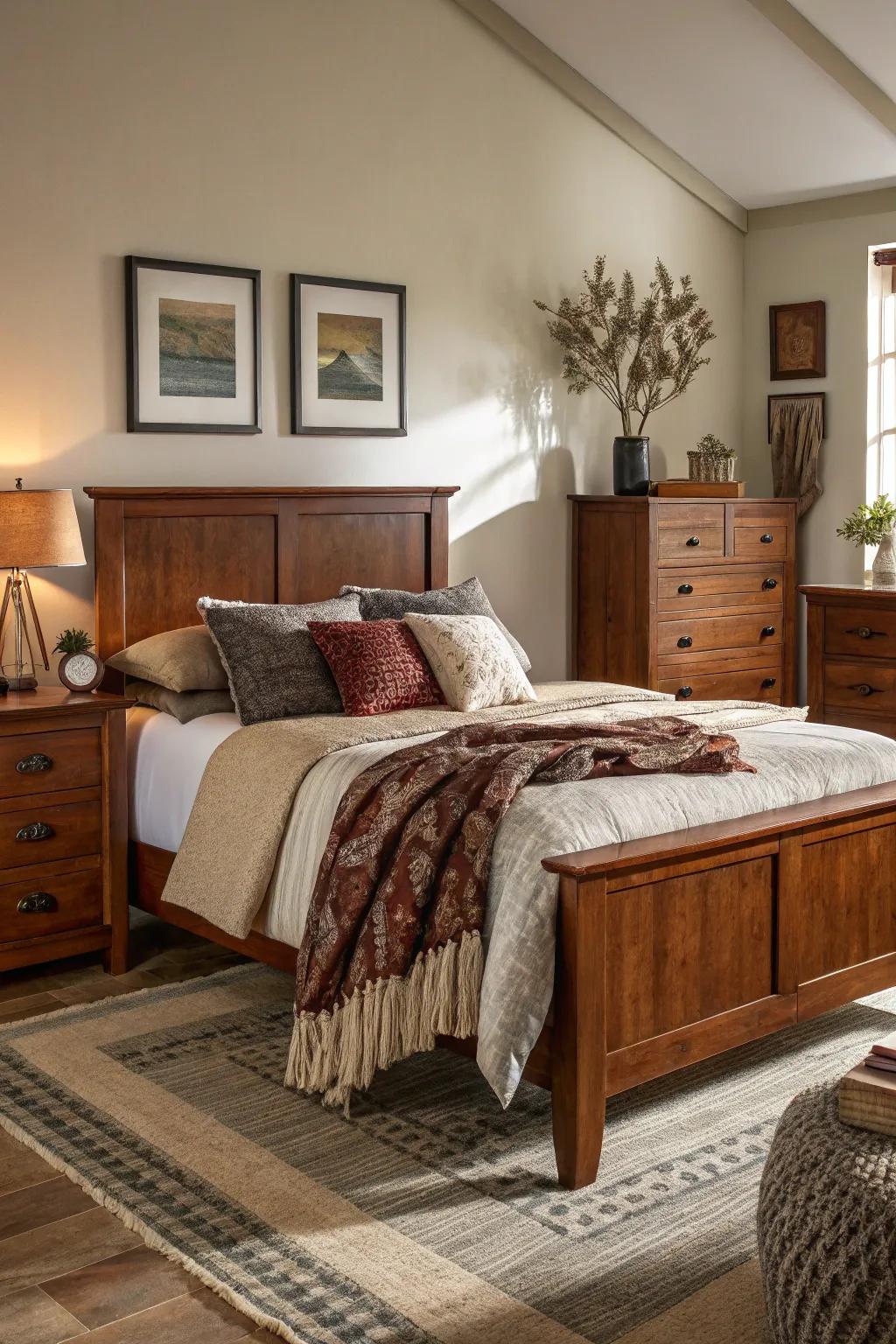 Textured fabrics contributing depth to a walnut wood bedroom arrangement.