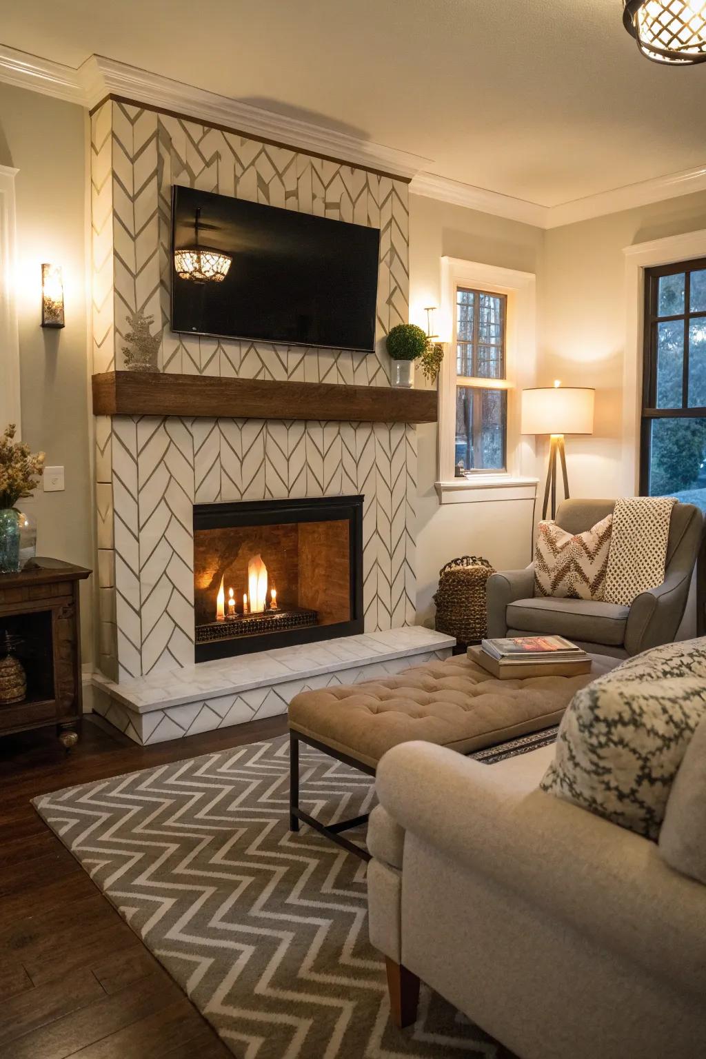 A herringbone tile surround enhances this fireplace, establishing a comfortable and artistic focal point.