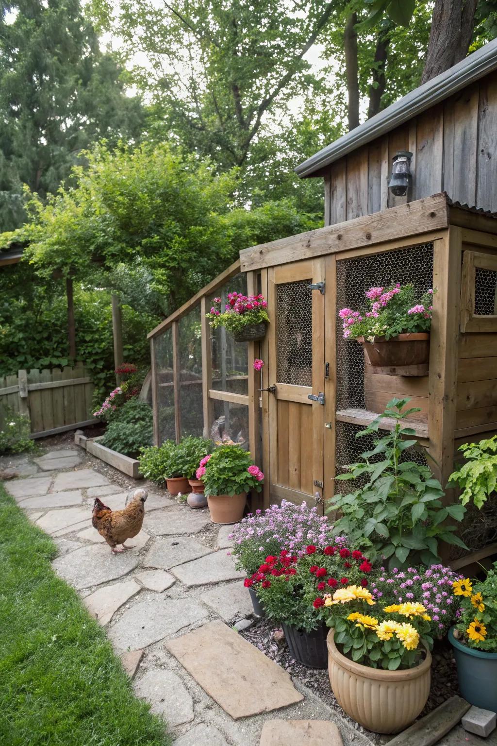 Potted plants foster a revitalizing and natural atmosphere around the coop.