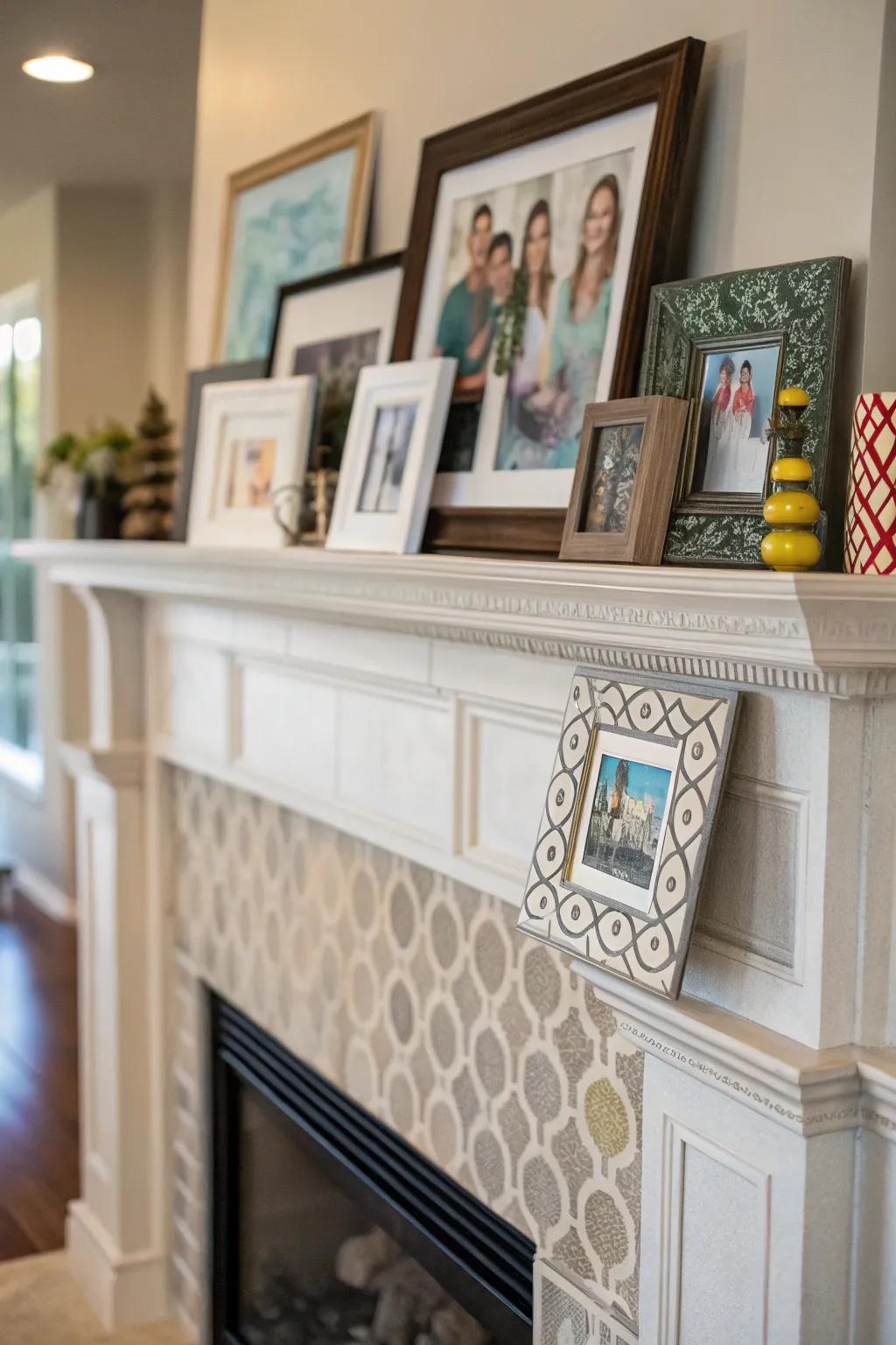 Art and photos personalize the fireplace space, adding character and comfort.