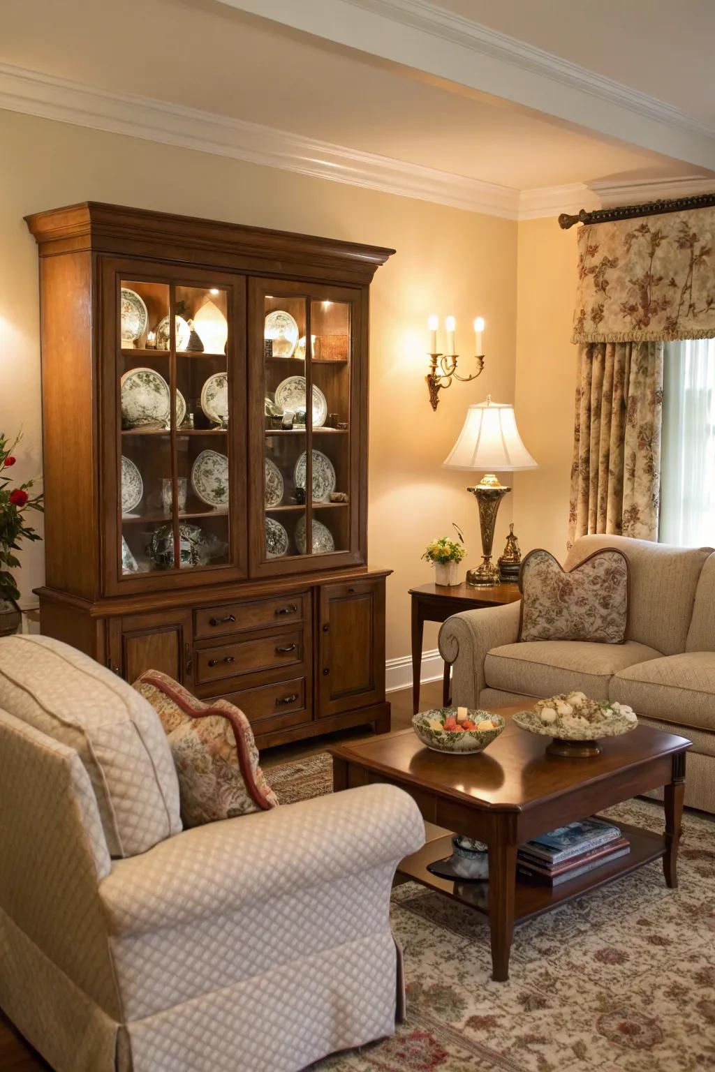 Cozy seating around a china cabinet for a welcoming feel.