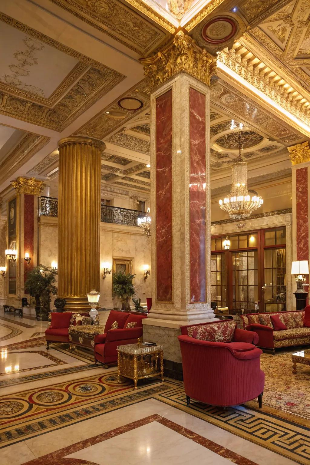 A lobby presenting a lavish hue spectrum of gold, red, and earthy shades.