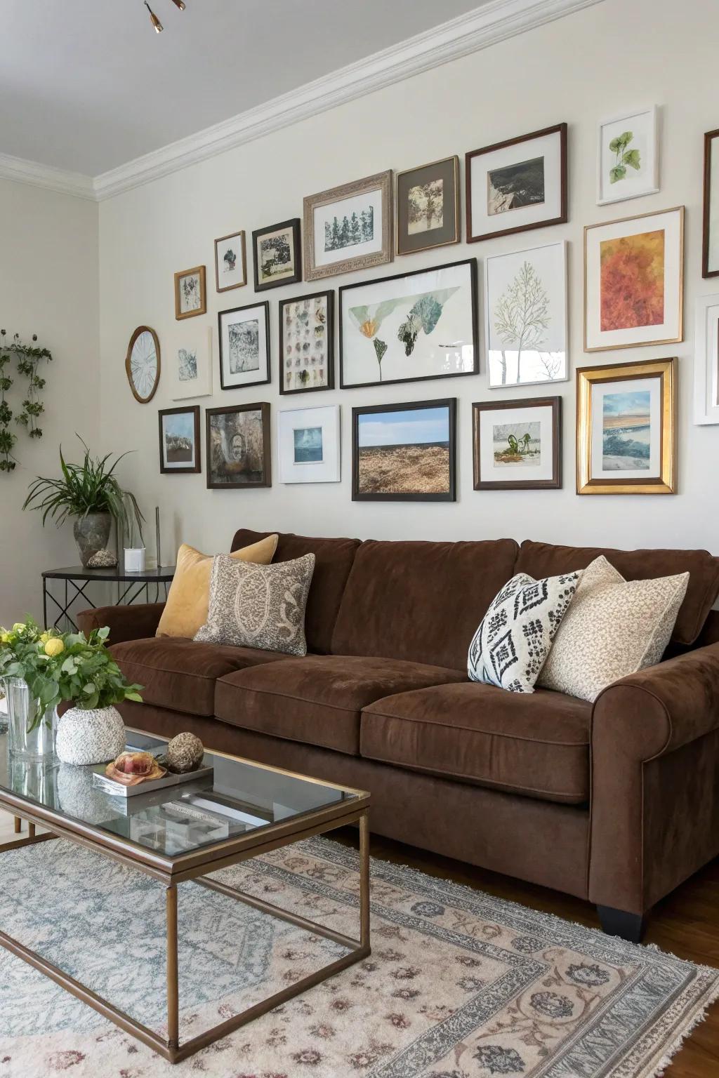 Personalized wall art adds bespoke flair and complements the cocoa sofa.