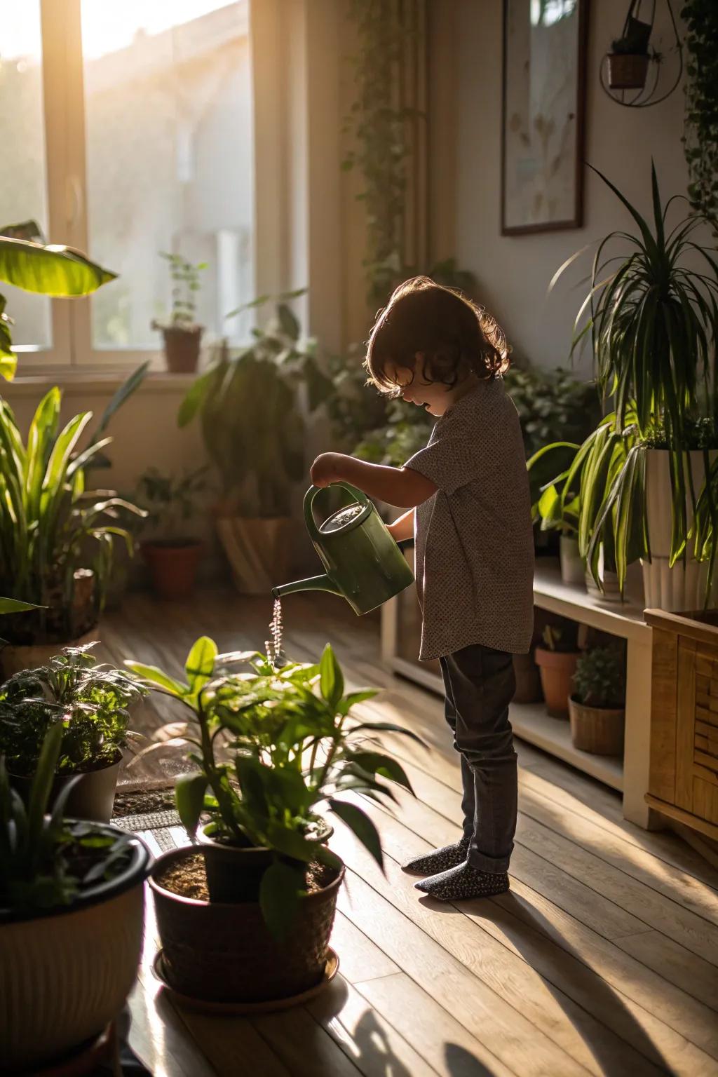 A youthful horticulturist hydrating vibrant houseplants.