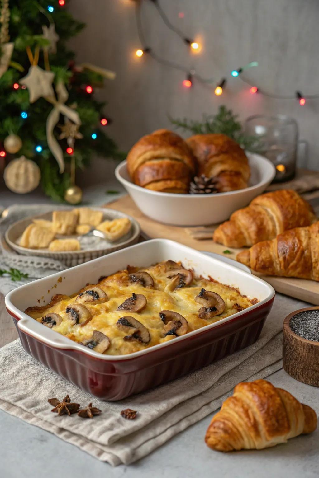 A hearty mushroom and Gruy&egrave;re croissant casserole.