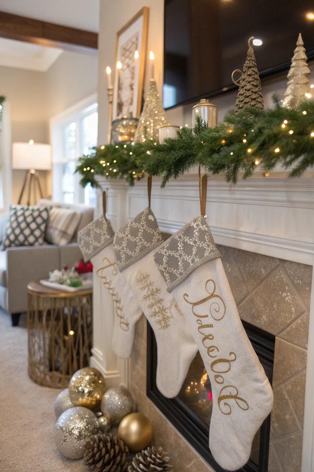 Personalized stockings imbue charm and sophistication into your fireplace setting.