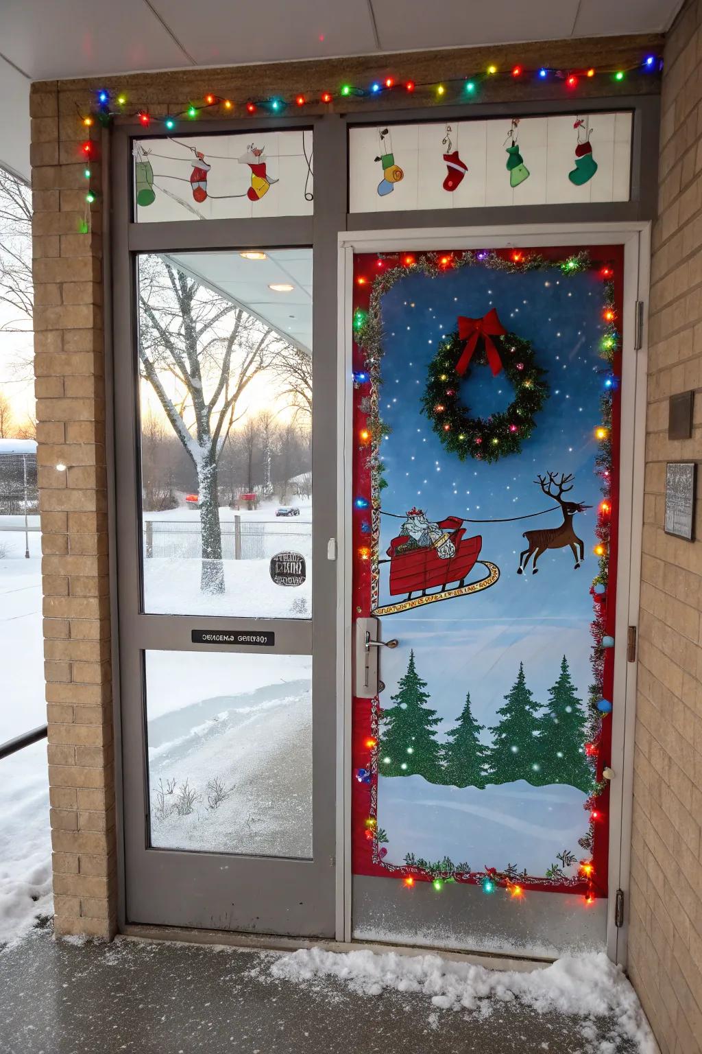 Santa's sleigh and reindeer dash across this festive door.