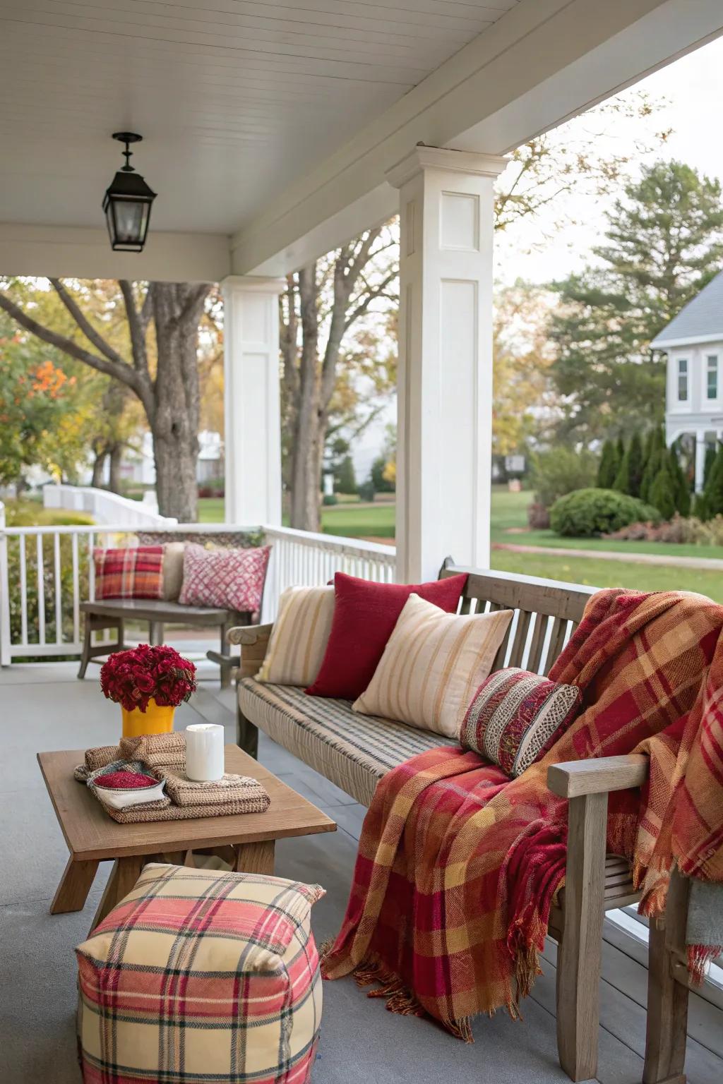 Checkered cushions and wraps enhancing the warmth and comfort of the porch seating.