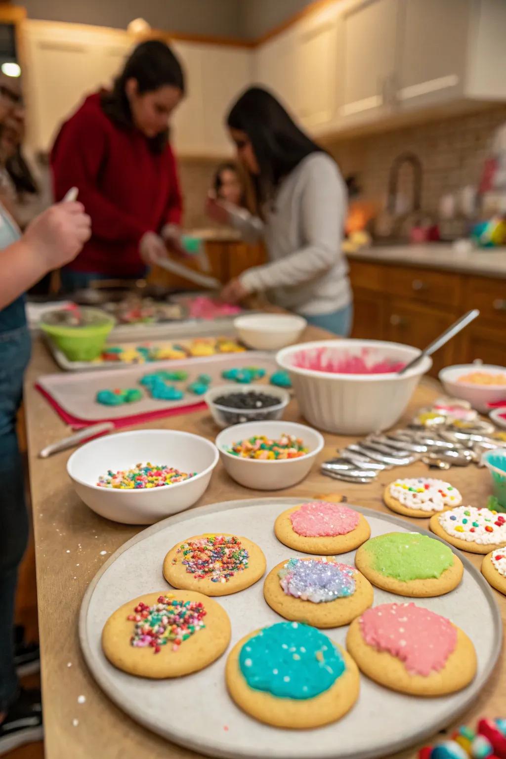 A charming cookie art face-off setup, excellent for holiday inventiveness.