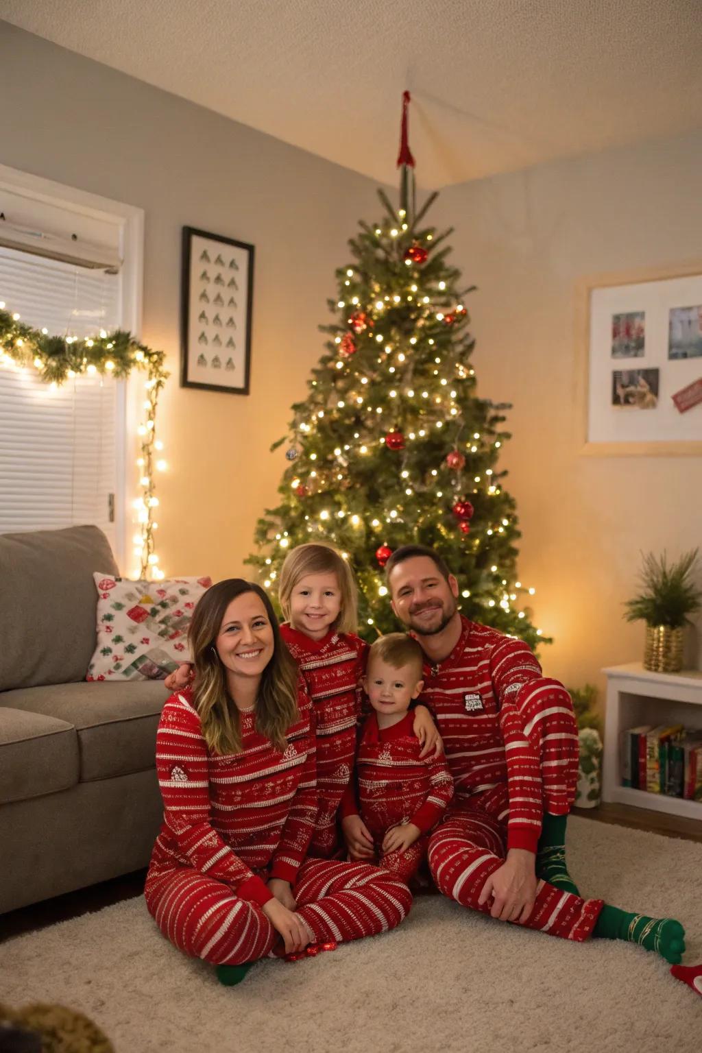A family dressed in matching Christmas pajamas, creating a cozy and festive atmosphere.