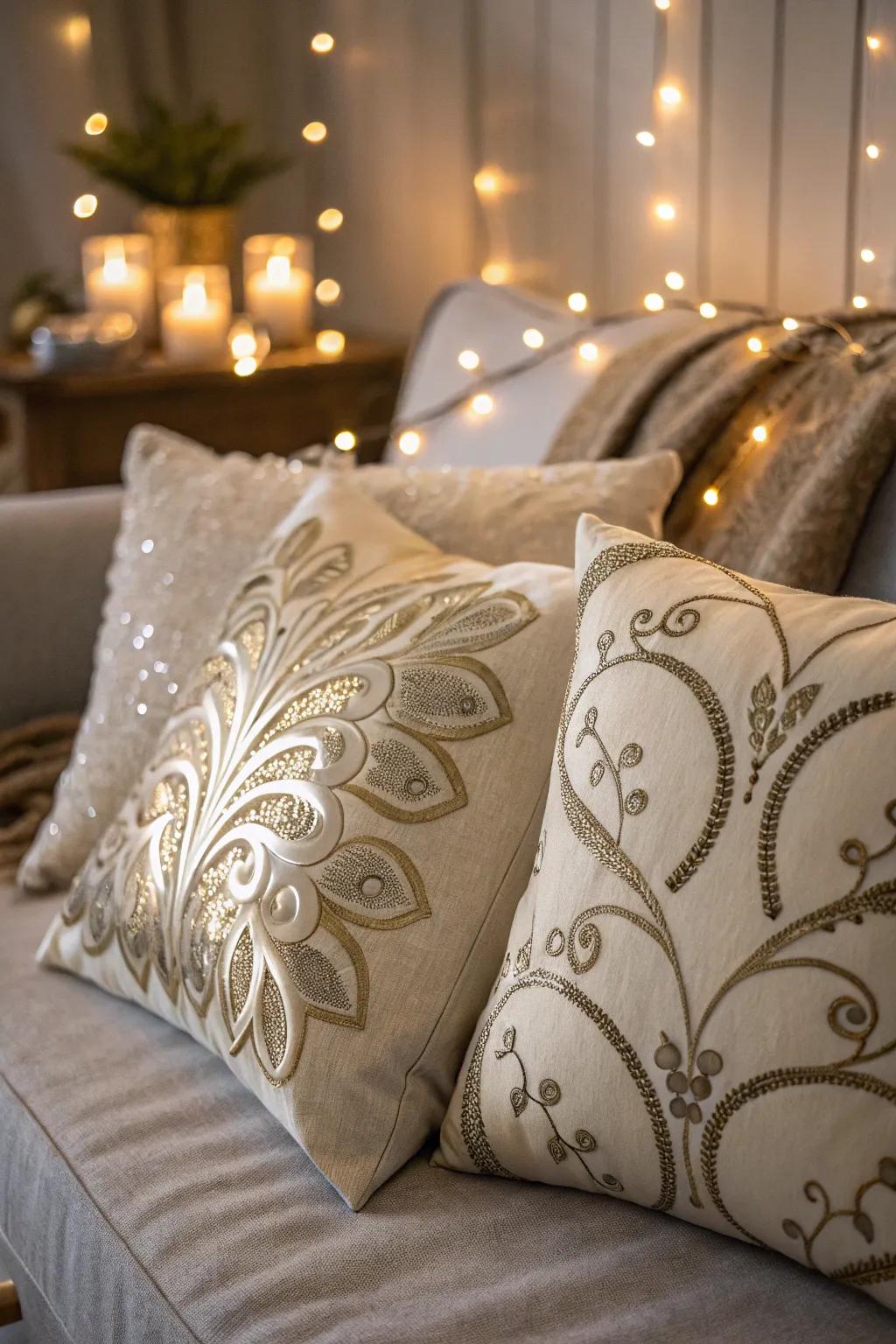Understated cushions featuring a touch of sparkle for a sophisticated holiday appearance.